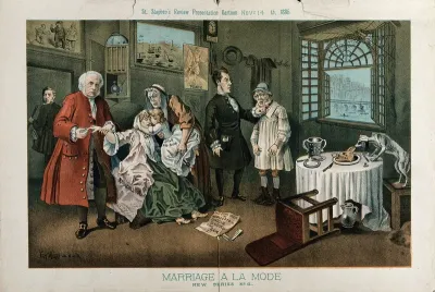 A woman on whose dress is written "Radicalism" has taken some "disestablishment poison" after reading that her lover has been hanged; the dog is eating the meal on the table, which is inscribed with "capital"