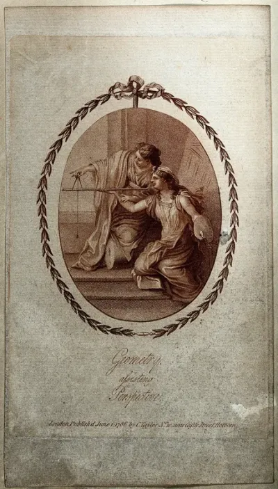 A woman painting a Roman temple is taught the use of scientific instruments by another woman; representing Geometry assisting Perspective