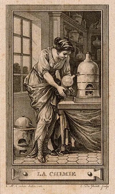 A woman performing chemical experiments with a furnace: representing chemistry