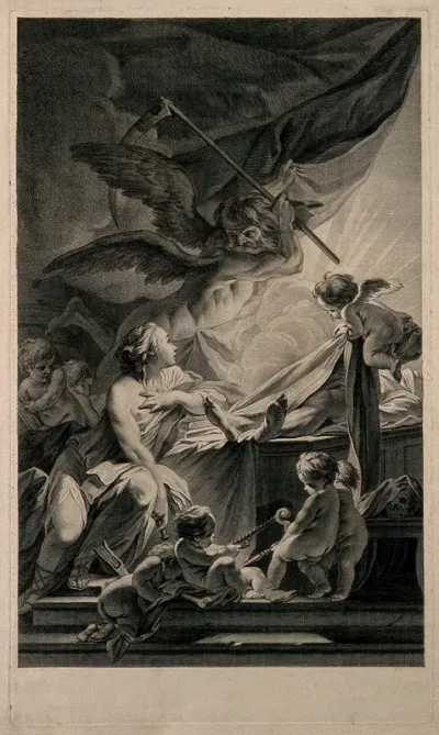A woman personifying anatomy looks searchingly into the light emanating from a corpse, but she is mortally threatened by the scythe of Time; representing anatomy's struggle with decay