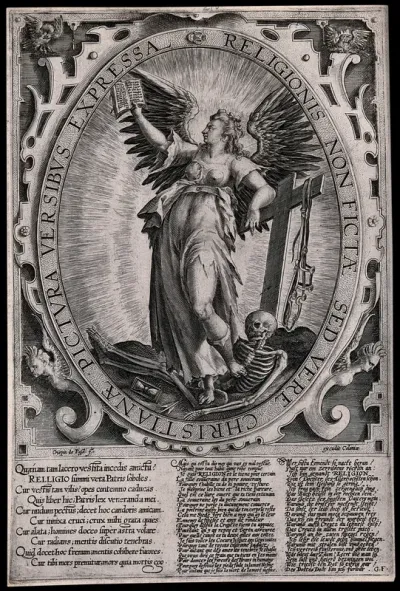 A woman personifying religion stands leaning on a cross and on top of a skeleton while holding up a bible