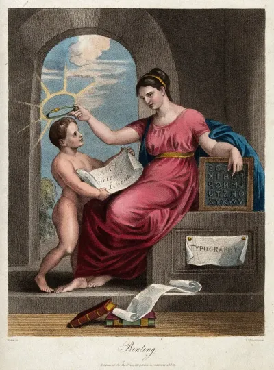A woman personifying typography crowns a naked boy with a golden serpent; representing printing conferring immortality on the arts, sciences and literature