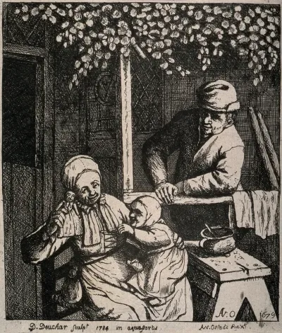A woman playing outside with her child, her husband in the background, watching them