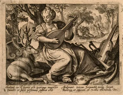 A woman plays music to a stag; God condemns Adam and Eve to exile; representing the sense of hearing