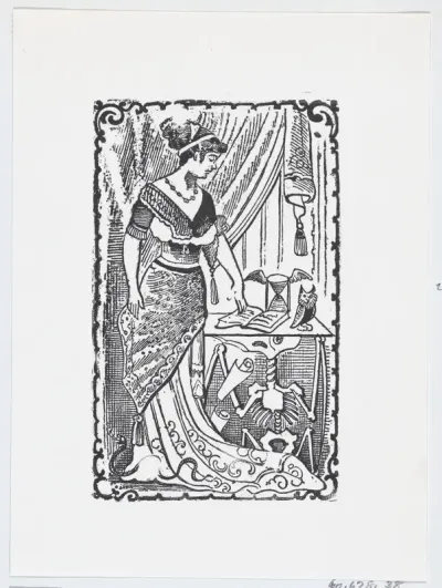 A woman pointing to a book on a desk with a skeleton underneath
