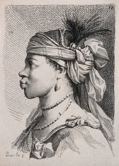 A woman (possibly intended to be African) with pouting lips in elaborate head gear