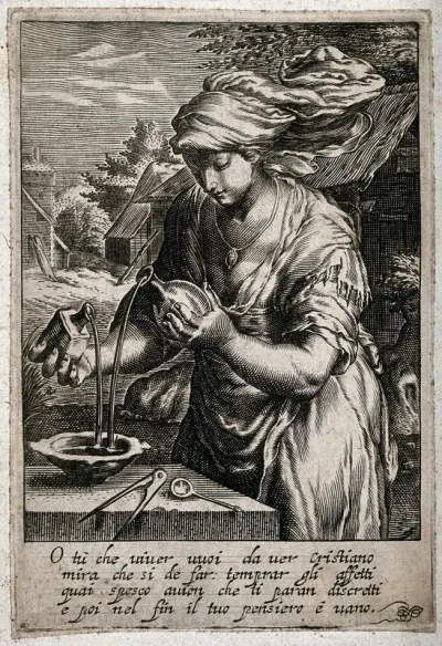 A woman pours two liquids into a bowl, next to which dividers and a spoon are lying; representing temperance