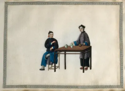 A woman preparing a tea drink by pouring hot water into two bowls containing tea leaves, for herself (?) and a man seated at a table