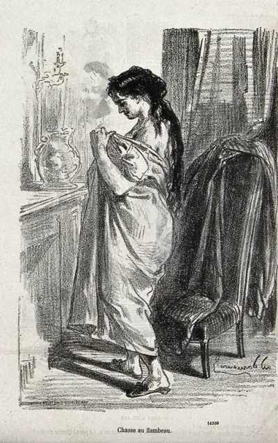 A woman pulling open her nightgown as she searches for fleas
