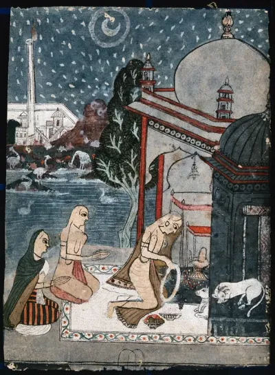 A woman putting a garland around the Shivling while the other two fold their hands to pray