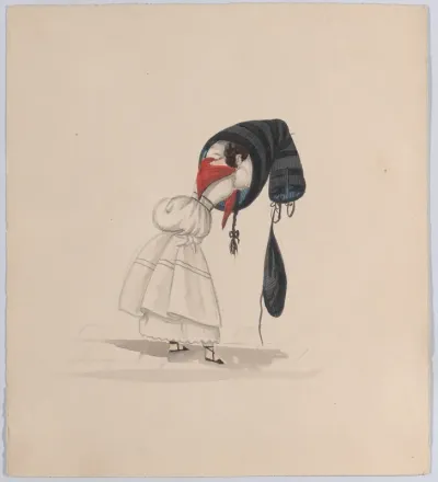 A woman putting on her saya, viewed from behind, from a group of drawings depicting Peruvian dress