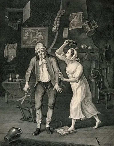 A woman raises a shoe to hit her husband with it