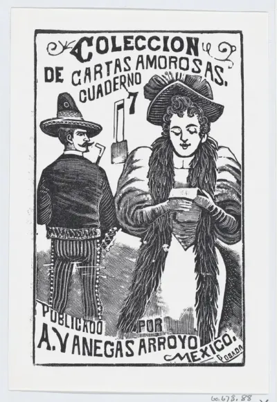A woman reading a note while a man in the background looks over his shoulder at her, illustration for 'Coleccion de Cartas Amorosas Cuaderno No. 7'