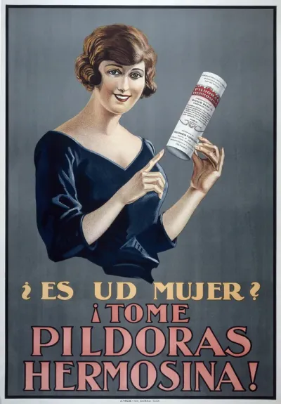 A woman recommending Pildoras Hermosina as a remedy for female maladies