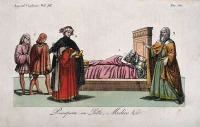 A woman recovering from childbirth; a physician; and three people