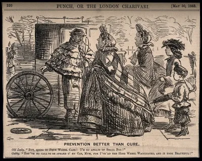 A woman refusing to get into a cab believing she will catch smallpox, the driver humorously reassures her