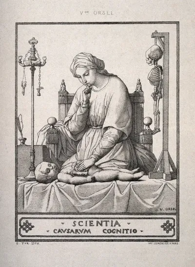 A woman representing knowledge examining a sick child