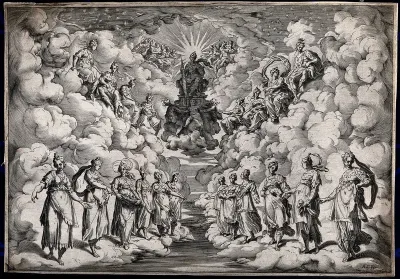 A woman representing Necessity, seated on a throne supported by the Fates, is flanked by the planets and by Sirens; representing the Harmony of Spheres