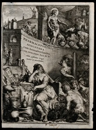 A woman representing pharmacy receives gifts of materia medica from vegetable and mineral sources, and with the aid of a herbal distils them into medicines; above, Apollo gives authority to Hippocrates as other Olympians stand outside the temple of A