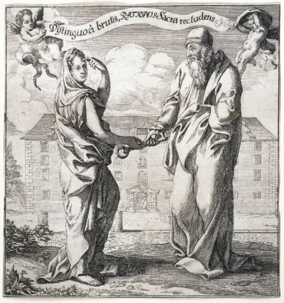A woman representing Wisdom (?) giving to a philosopher (Aristotle?) the key to the treasure-house of Reason, to distinguish man from the beasts