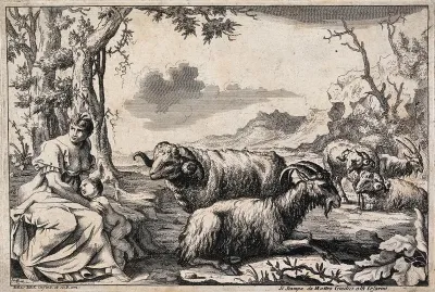 A woman resting near a group of sheep is holding her naked child protectively in her lap