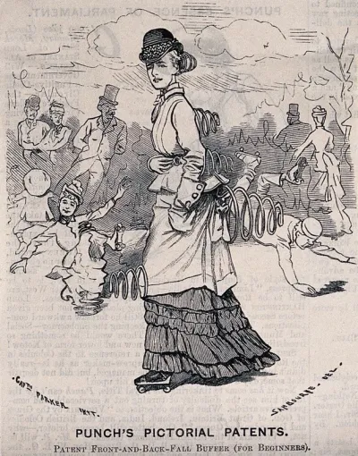 A woman roller-skating has springs attached to her front and back for protection as all others are falling over on the ice