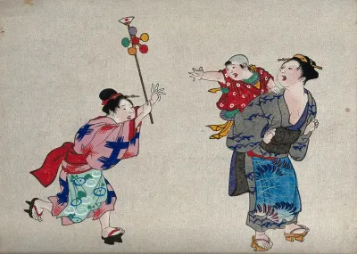A woman runs to give a toy windmill to an infant being carried by another woman