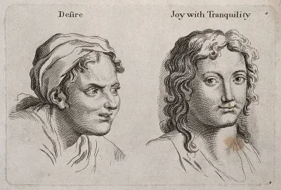 A woman's face expressing desire (left) and a man's face expressing 'joy with tranquility' (right)