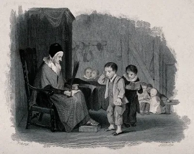 A woman school-teacher sitting on a chair with birches in her hand as a small boy stands in front of her and another child holding a book looks on