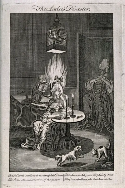 A woman seated at a table, and underneath a parrot in a cage suspended from the ceiling, unaware that her wig has been set alight by a mischievous monkey; another woman screams in horror as she enters through a door, in the right foreground a cat shi