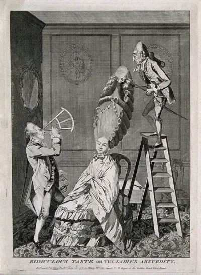 A woman seated in a chamber having her exceptionally high wig (which towers above her head in an oval form, and is flanked by parallel horizontal curls) dressed by a French hair-dresser who stands on the top of a step-ladder; the woman's husband, a n