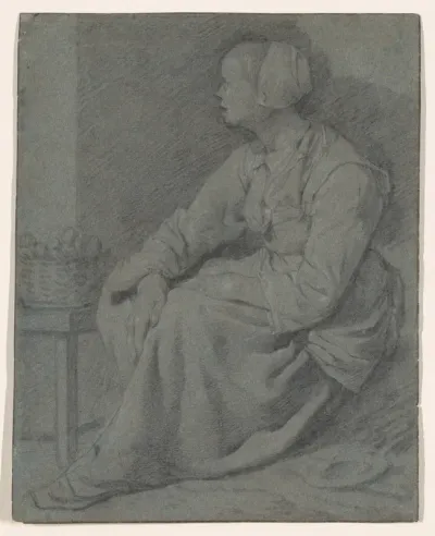 A Woman Seated Near a Basket on a Stool