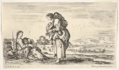 A woman seated to left holding a child, facing right in profile, conversing with a standing woman in center, carrying one child on her back and another in her arms, a church to left in background and boats to right in background, from "Various figure