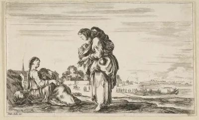 A woman seated to left holding a child, facing right in profile, conversing with a standing woman in center, carrying one child on her back and another in her arms, a church to left in background and boats to right in background, from 'Various figure