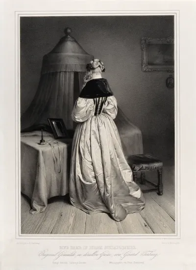 A woman seen from behind standing at her dressing table upon which is placed a powder puff and a mirror; behind is a bed with a canopy