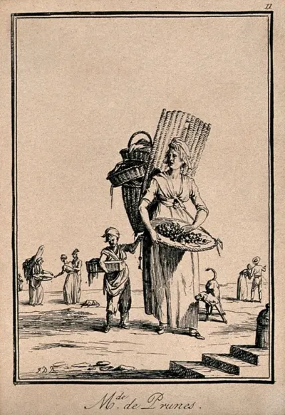 A woman selling plums: she carries the plums in a basket on her back, and is accompanied by a child