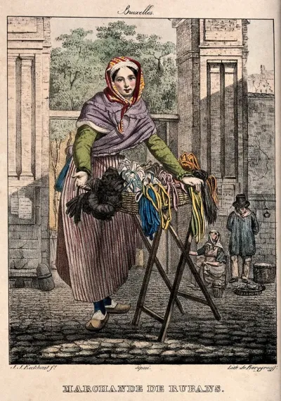 A woman selling ribbons in Brussels has set up her stall in the street