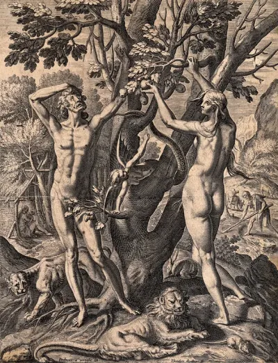 A woman-serpent bends around the Tree of Knowledge as Adam and Eve reach into the branches