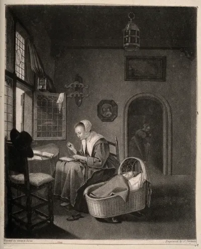 A woman sewing in a pleasant domestic interior, her baby sleeps sweetly in its cradle
