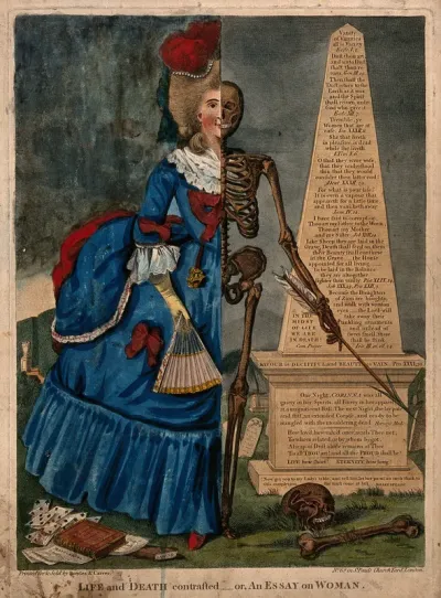 A woman shown half as clothed human being and half as skeleton