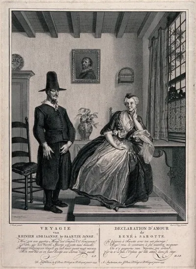 A woman sits and rejects her companion's declaration of love with scorn