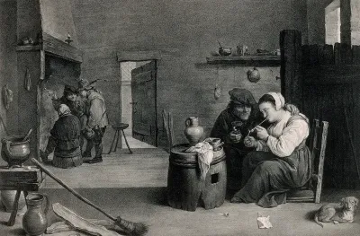 A woman sits by a barrel table in a smoke den lighting a pipe, others stand by the fire