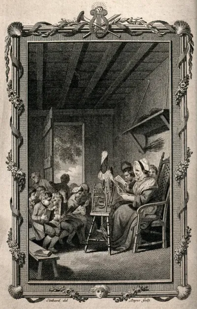 A woman sits in a high-backed chair with a book in her hand and children siting on benches with books in their hands
