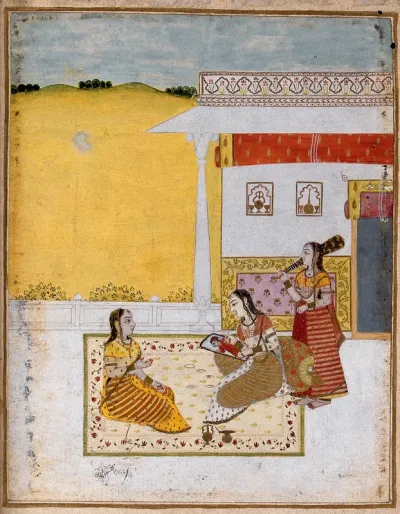A woman sits on a carpet and paints a portrait of her lover watched by another woman