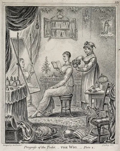 A woman sitting at a dressing table reading a book; behind her a maidservant fluffs up the curls on a wig which she is about to place upon her head