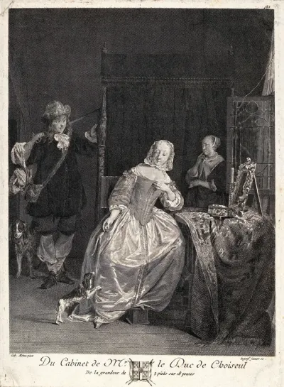A woman sitting at her dressing table; a hunter with a gun stands to the left, a maidservant to the right
