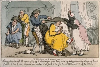 A woman sitting in a chair making gestures of pain while a hair-dresser combs her back hair and a maidservant combs a tress pulled forward over her face: in the left background a man having his hair combed, he too looks pained