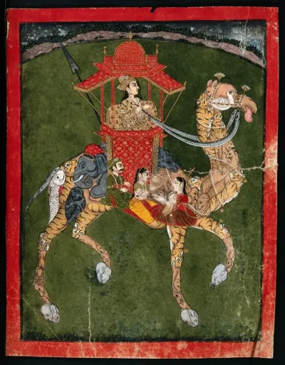 A woman sitting on a howdah being carried by a camel whose body is formed by a variety of animals and humans