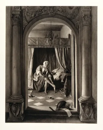 A woman sitting on her bed while dressing herself; a dog sleeps next to her, a pair of shoes are strewn across the floor in front of her, and a musical instrument, skull, book and a flower lay in the doorway to the room