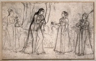A woman smoking a pipe standing with her attendants